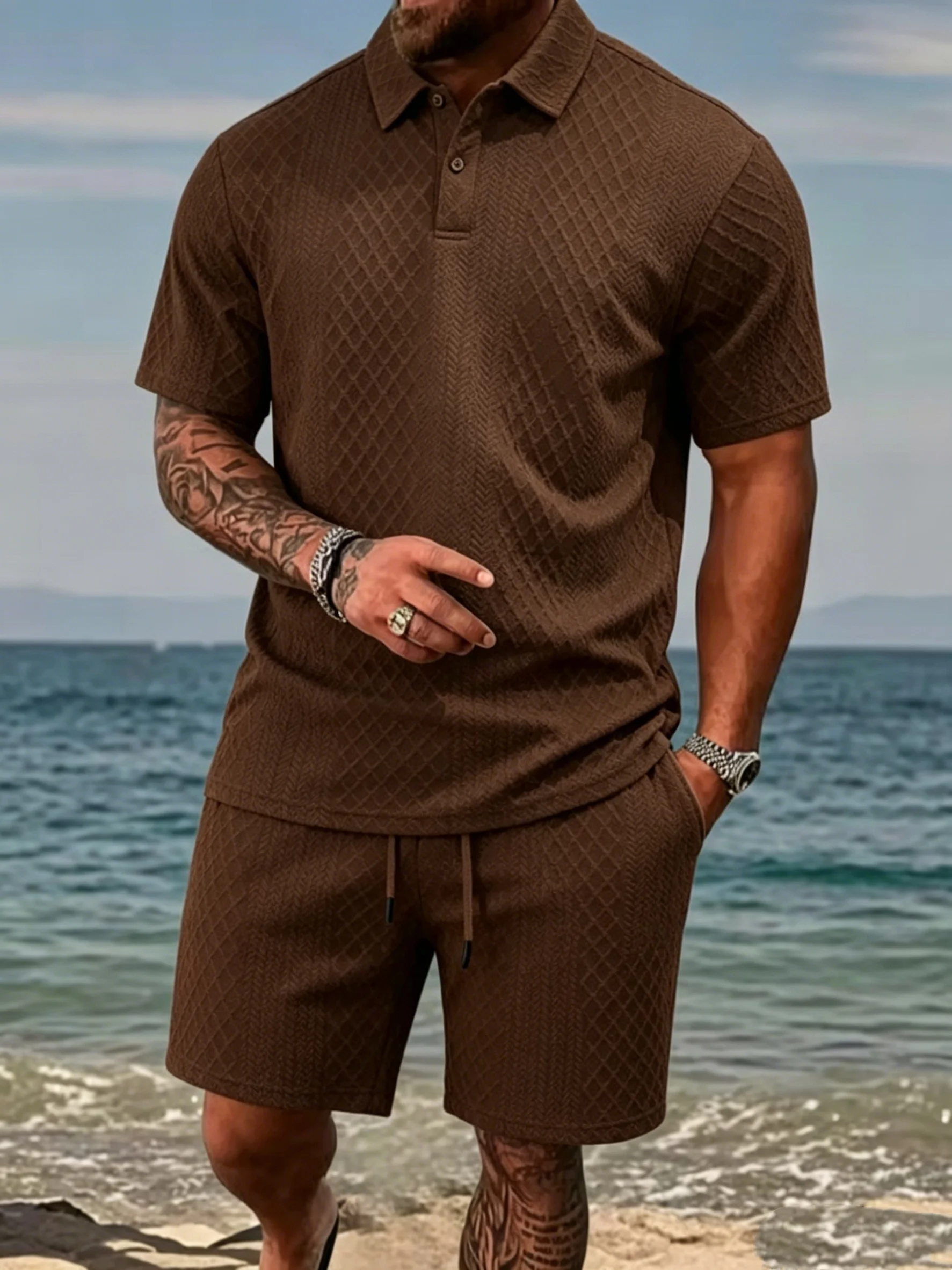 Mens Cream Polo Shirt and Shorts Set Casual Summer Beach Outfit Lightweight Comfortable Resort Vacation Wear Male ﻿