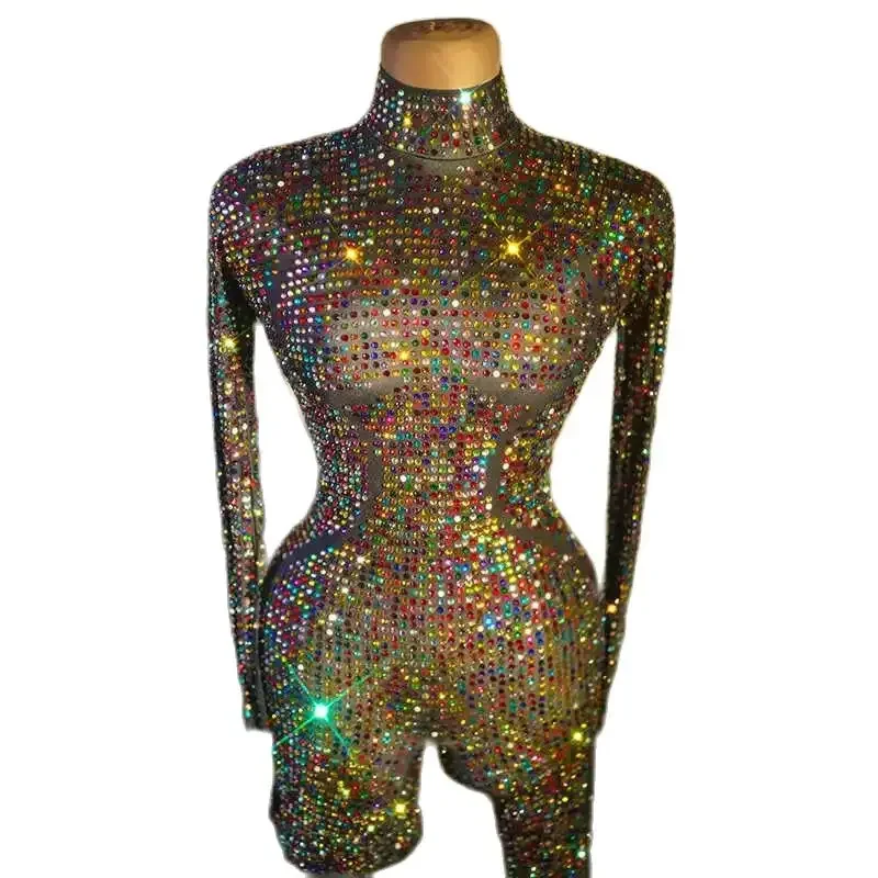 بدلة قفز قابلة للتمدد بأحجار الراين ملابس رقص مثيرة للنساء Dj Ds Gogo أزياء راقصة سحب الملكة ملابس النادي 8073