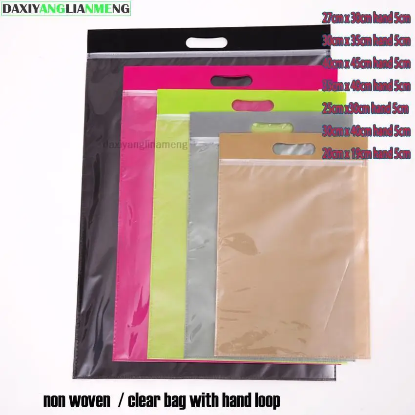 50pcs/lot All Sizes 20/25/30/35/40cm +hand loop-6colors Nonwoven Zipper Gift Travel Transparent Handbag Clothes Packaging Bags