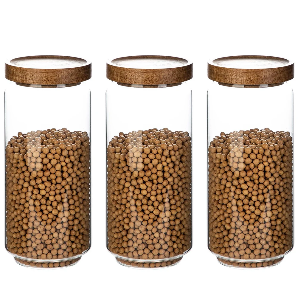 Image of Vorratsdosen aus Glas mit Holzdeckel [Set mit 3], luftdichte 34-Unzen-Lebensmittelbehälter, stapelbar für Kaffeebohnen/Nüsse/Pasta/Süßigkeiten/Zucker