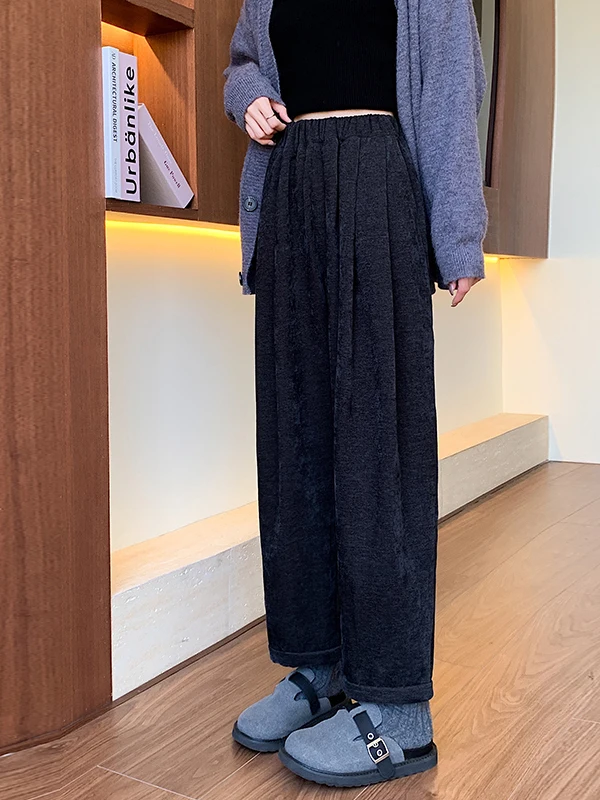 بسيطة عارضة فضفاض واسعة الساق السراويل عالية الخصر المخملية اللون المرأة الخريف Faion مستقيم الساق السراويل مع كيتس