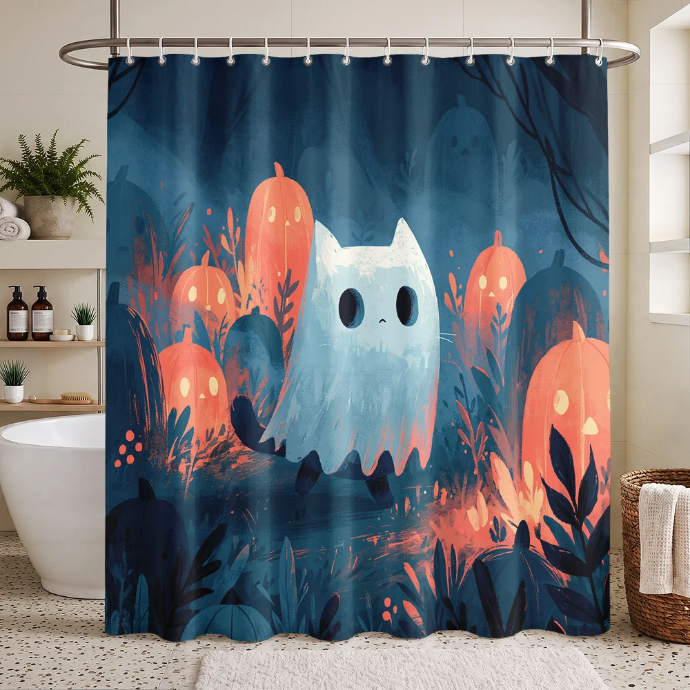 Cute Ghost and Pumpkin Halloween Shower Curtain Waterproof Bathroom Decor Fun Spooky Season Print