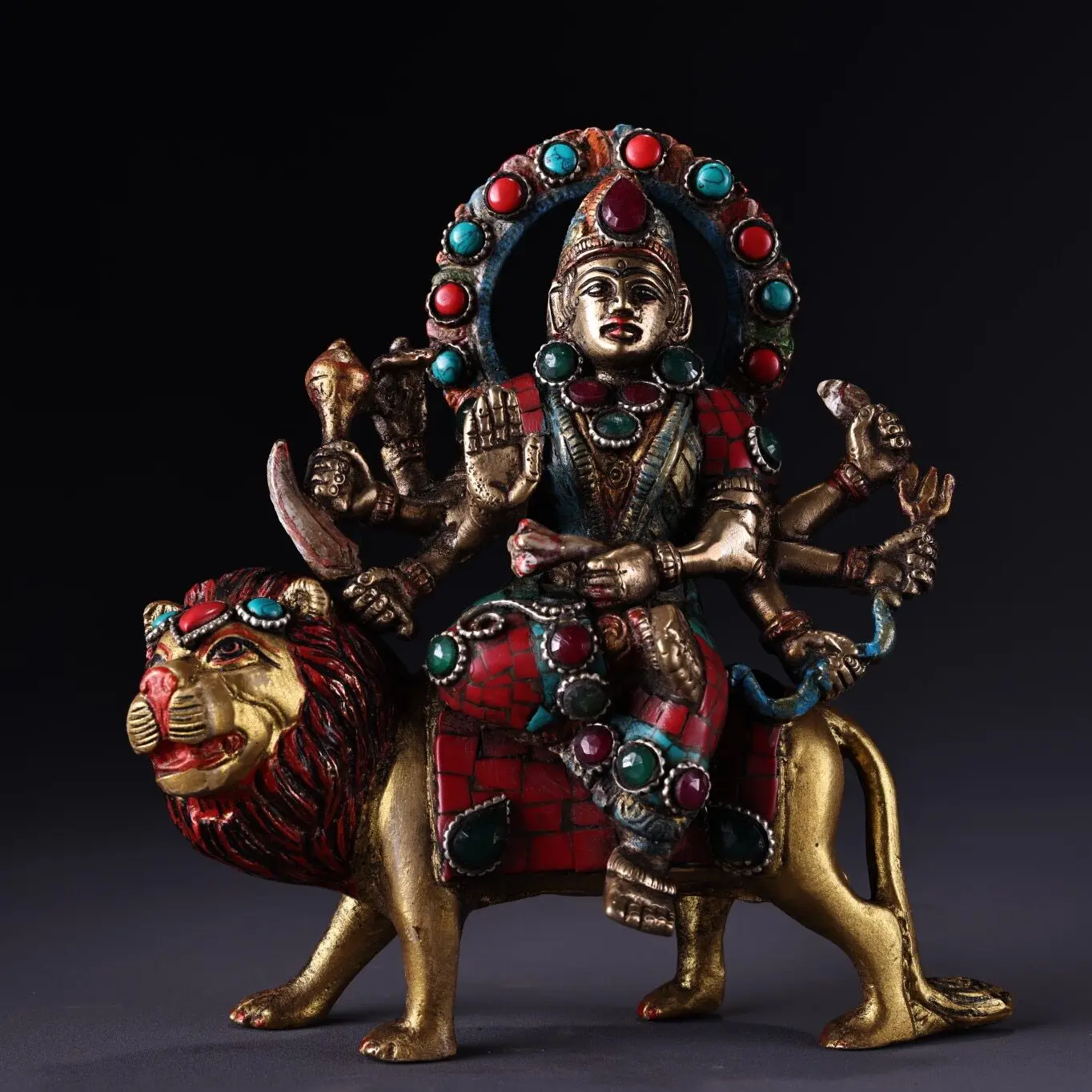 Nepal Pure Copper Six Arm Lion Riding Dharma Protector Gem Inlaid Painted Tibetan Buddhist Statue