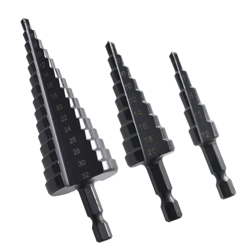 

4-12/4-20/4-32mm Black Hex Shank Step Drill Bit Hss Metal Hole Cutter Metal Hex Tapered Drill Power Tools Accessories