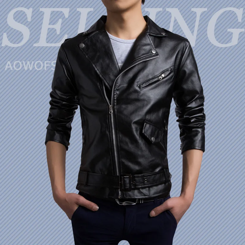 2022 New Men's Leather Jacket Oblique Zipper Motorcycle Leather Coat Tide Korean Casual Personality Men Stage Singer Costumes