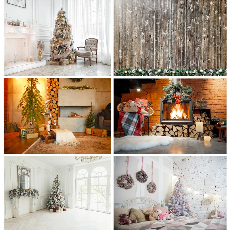 

SHUOZHIKE Christmas Photography Background Fireplace Christmas tree Backdrops For Photo Studio Props HS-07