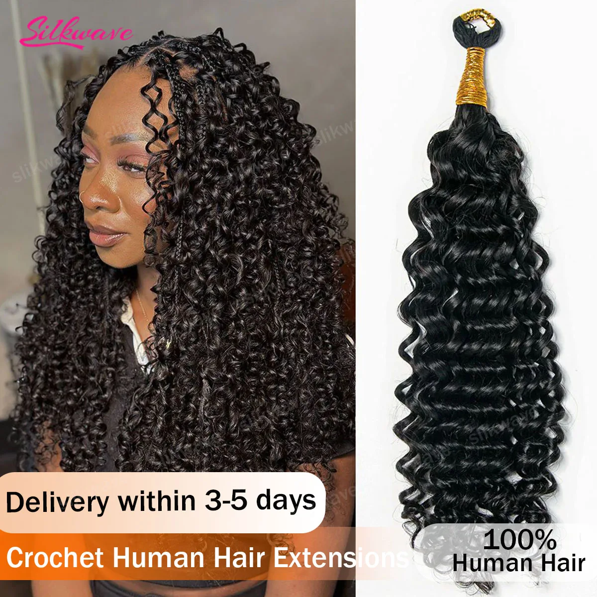 

30-дюймовые волосы для плетения крючком Deep Wave, плотные кудрявые, предварительно разделенные, без узлов, 12A, с петлями для плетения косичек