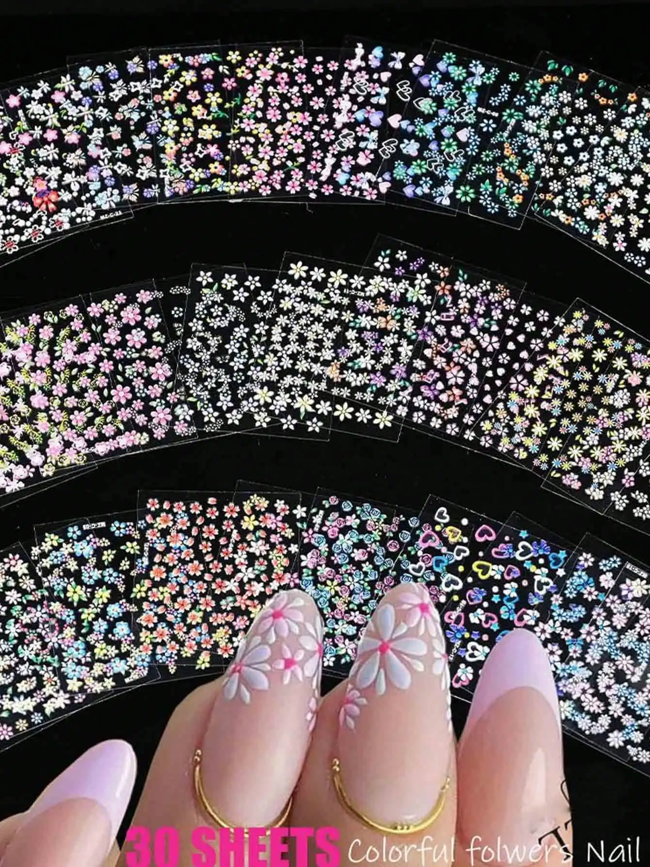 90 Nagelaufkleber fazer kurze Nahgel، 3D selfklemante weiße Blumen-Nagelaufkleber mit Strass-Design، Meerfarbige Laser-Gold-Nagel #4