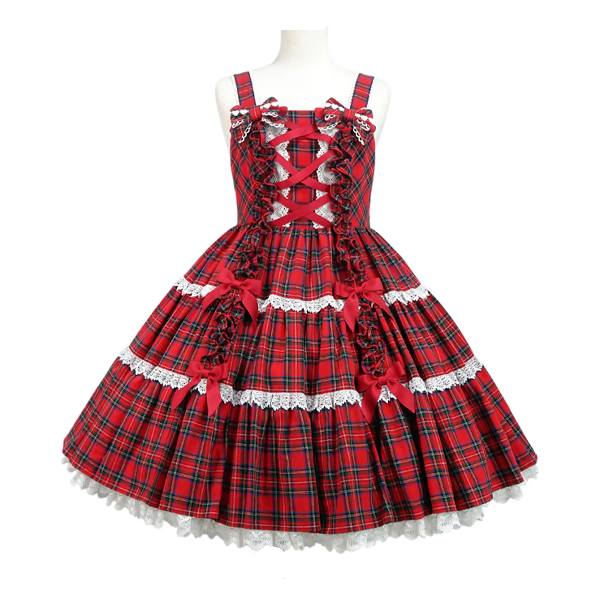 tailored-red-plaid-lace-sleeveless-sling-skirt