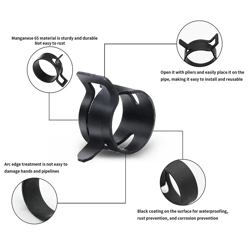 150Pcs 6-10mm 5 Sizes Black Q673B Vacuum Spring Fuel Oil Water Hose Clip Pipe Tube for Band Clamp Metal Fastener Assortment Kit