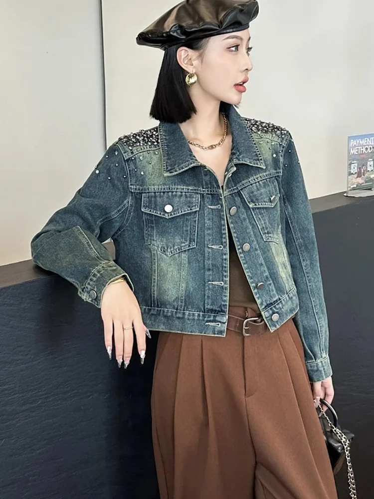 

Faionable ort Denim Jaet Женское весенне-осеннее пальто с заклепками и бусинами Pearl Little Fraance Sle, индивидуальное пальто на пуговицах