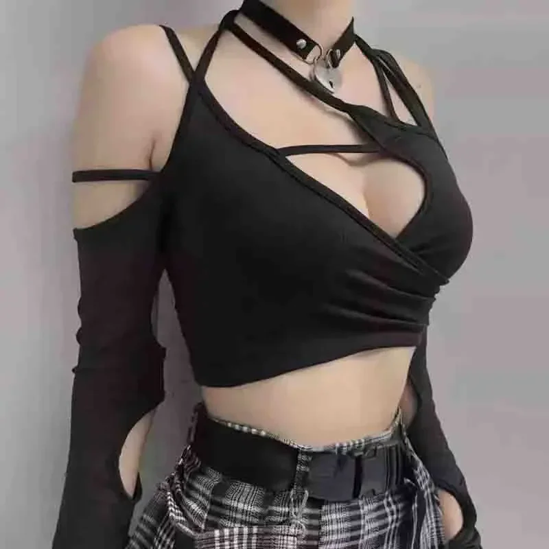 New Summer Fashion Y2k Women Sexy Cut Out T-shirts 2024 Hotsweet Gothic Patchwork Clothes Long Sleeve Crop Top 21501