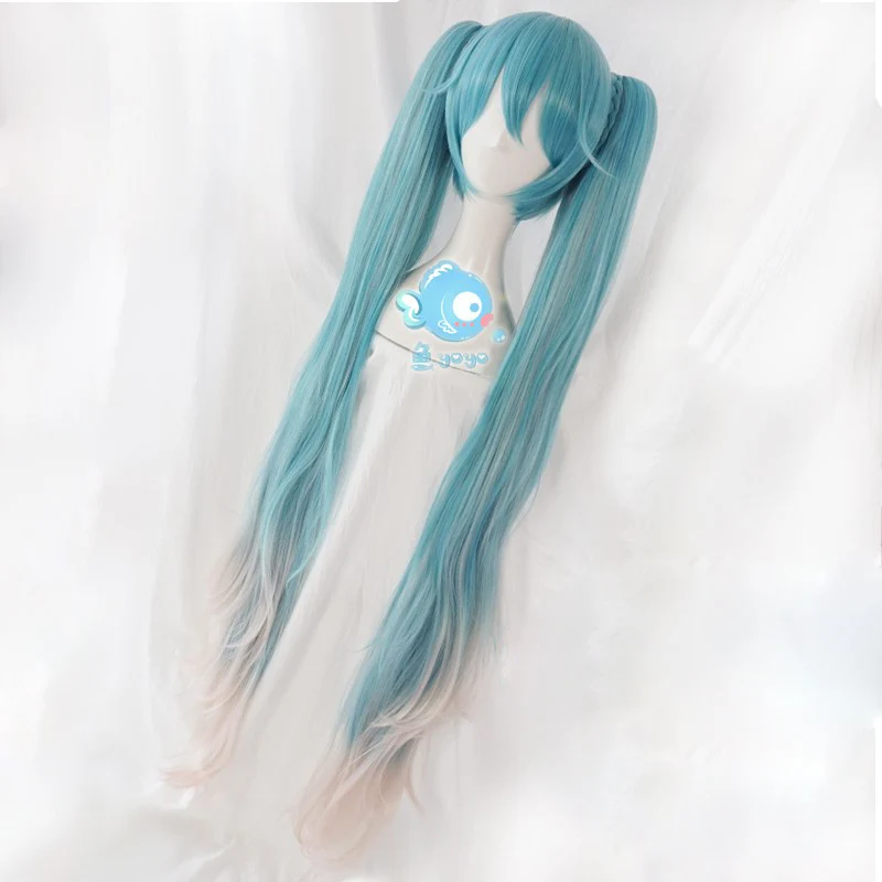 Magic Miku Long Blue Gradiently Pink Synthetic Hair Cosplay Costume Wigs Chip Removable Ponytails + Wig Cap