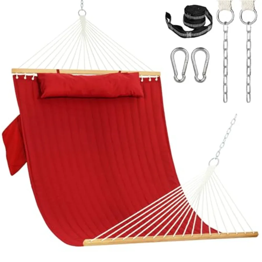 

10.5FT 2 Person Double Quilted Fabric Hammock with Spreader Bar, Detachable Pillow, Side Pocket, Carabiners, Chains, Straps for