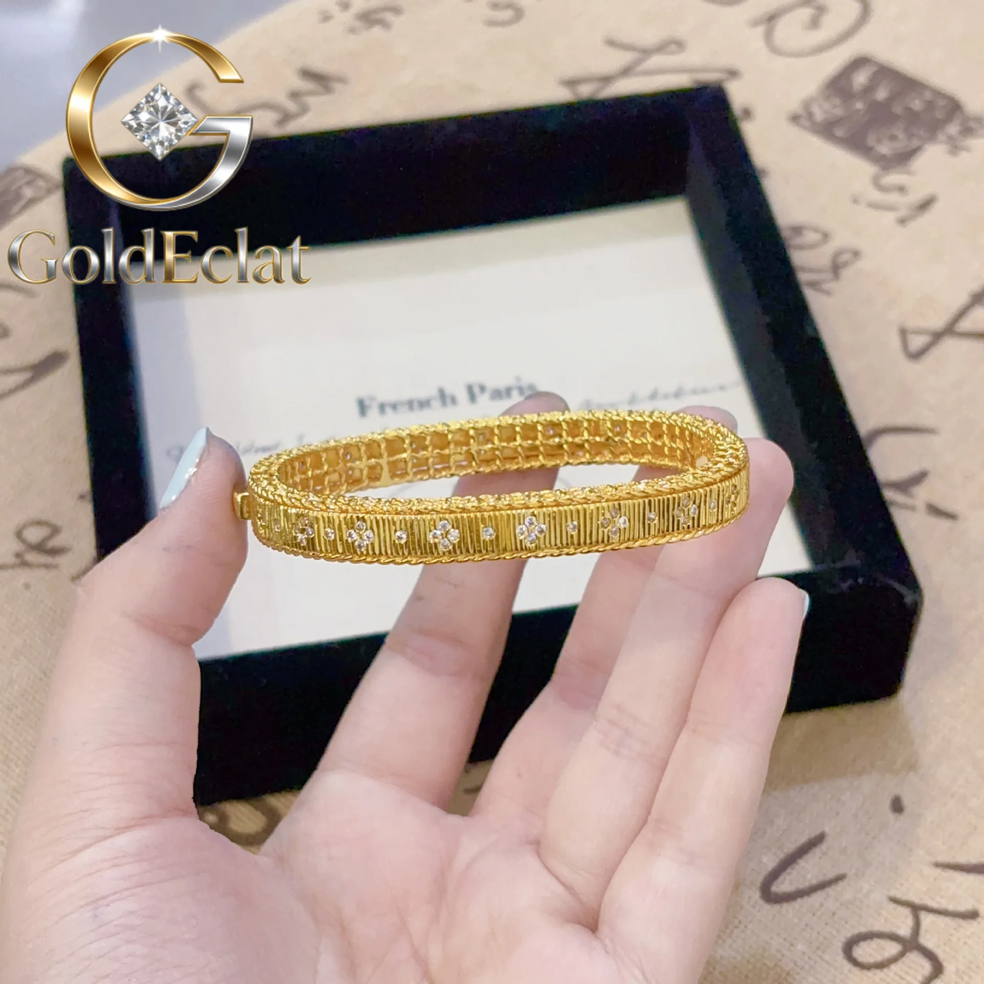 

GoldEclat Luxury 24K 9999 Pure Gold real gold Women's Brushed Diamond Buckle Bracelet Square Stud Earrings