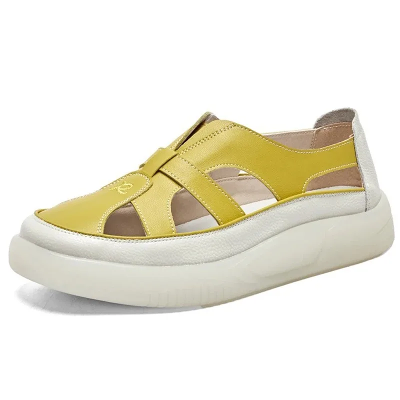Women's Leather Sandals Breathable Hollow Out Platform Sandals Comfortable Non-slip Casual Walking Shoes for Ladies 2026 Summer