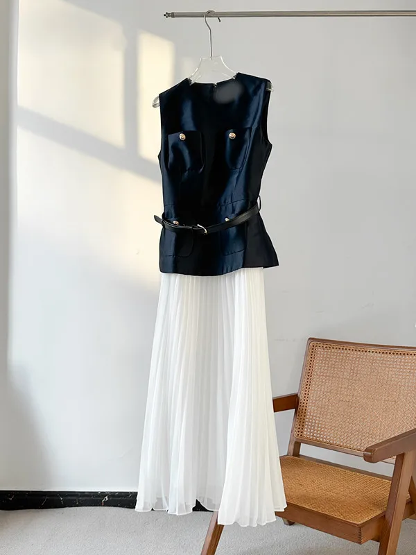 

Women's Midi Robe Satin Spliced Fake Two Pieces Pleated Round Neck Sleeveless Temperament Belt Lady Dress