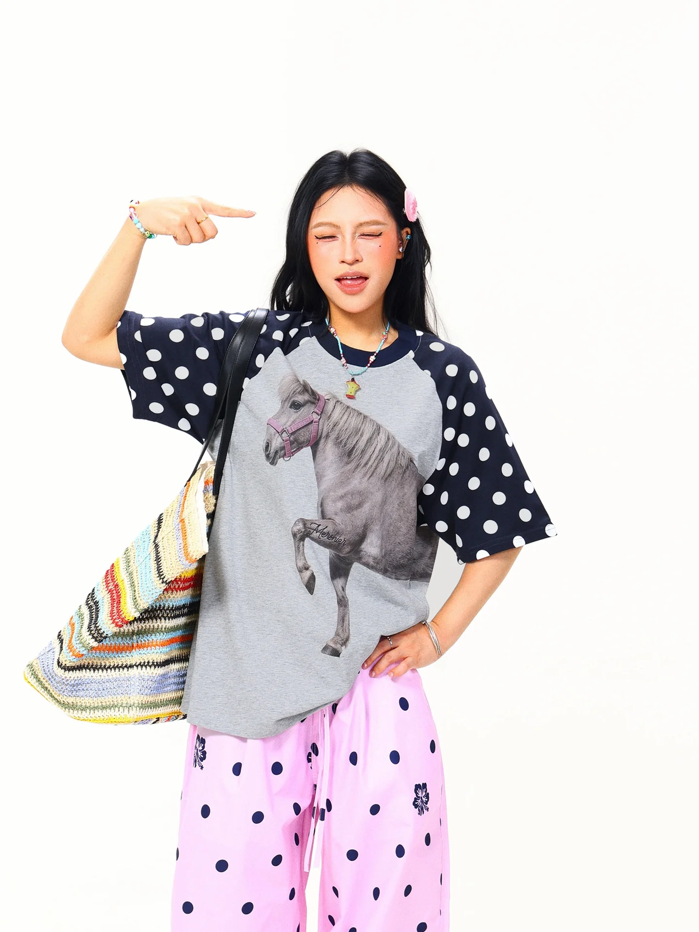 Light Blue American Style Polka Dot Contrast Color Short Sleeve Women's T-shirt Summer Loose Lazy round Neck Cotton Polyester...