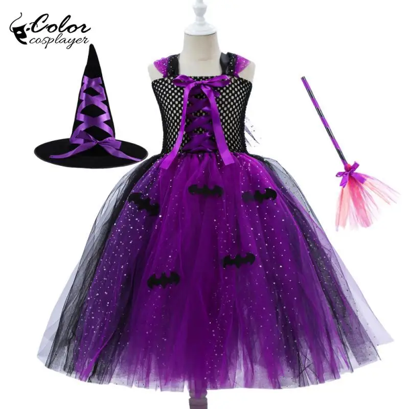 

Детский карнавальный костюм ведьмы на Хэллоуин, милое фиолетовое марлевое платье с помпоном для девочек, праздничная вечеринка, модная одежда для выступлений на сцене
