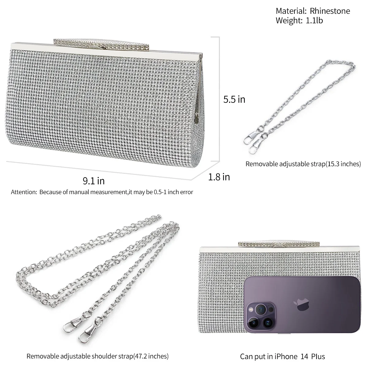 Glisten Rhinestone Clutch Bling Crystal Glitter Crossbody Bag for Bridesmaid Wedding Party Evening Bag Cocktail Party Handbag