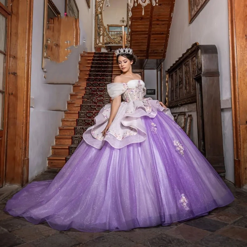 Paarse Glanzende Baljurk Quinceanera Jurk Lieve 15 16 Jaar Oude Verjaardagsfeestje Dragen Liefje Off Shoulder Prinses Lange Meisjes