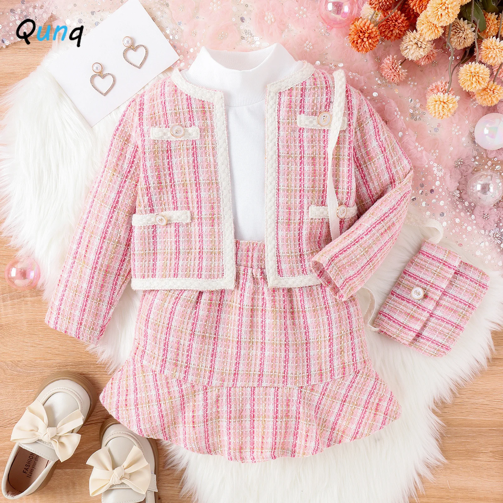 Qunq 2023 autunno INS nuove ragazze cappotto a righe manica lunga collo alto Top + gonna e confezione 4 pezzi Set Casual bambini Cluthes età 3T-8T