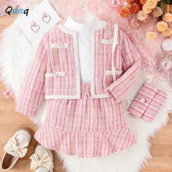 Qunq 2023 autunno INS nuove ragazze cappotto a righe manica lunga collo alto Top + gonna e confezione 4 pezzi Set Casual bambini Cluthes età 3T-8T