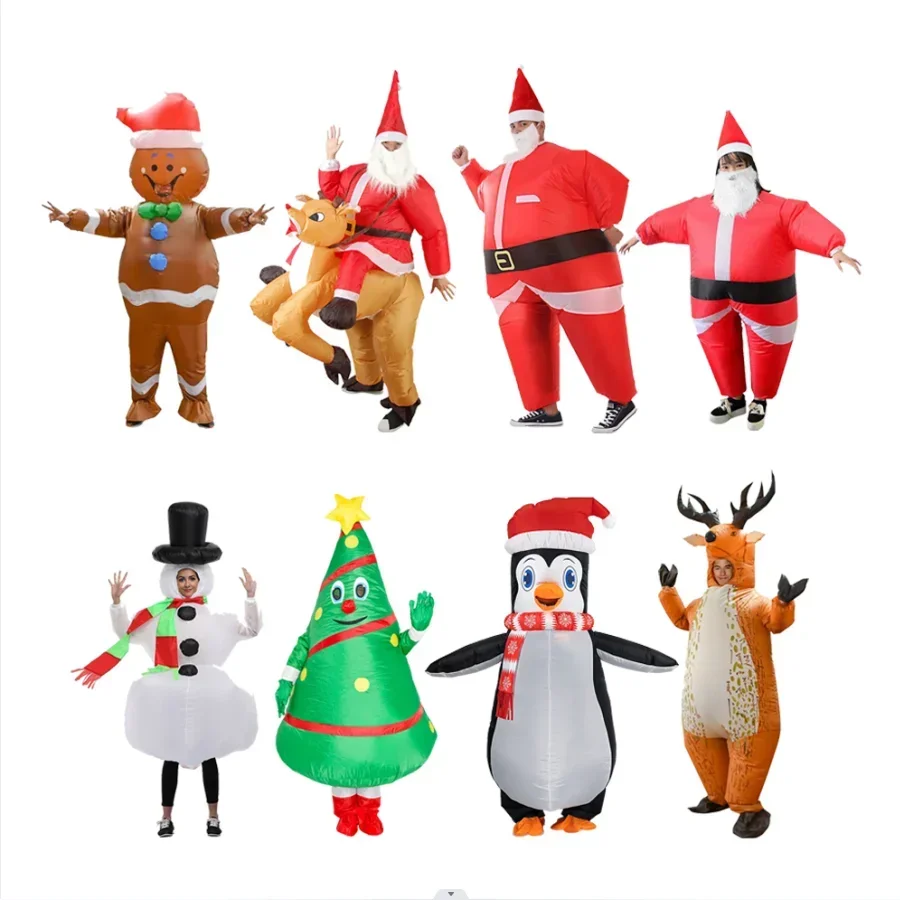 8Pcs Christmas Funny Inflatable Costumes Gingerbread Man Santa Claus Elk Snowman Tree Penguin Adult Kid Halloween Carnival Party