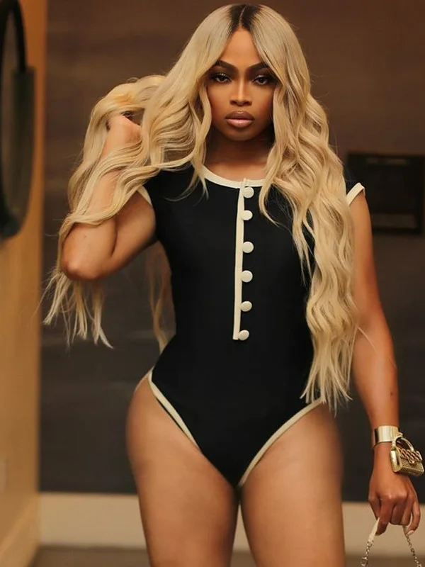 

Faionable Svel Slim Fit round Ne Color Blo Single Button Jumpsuit Women's High Waist ort Pants Street Sle Summer