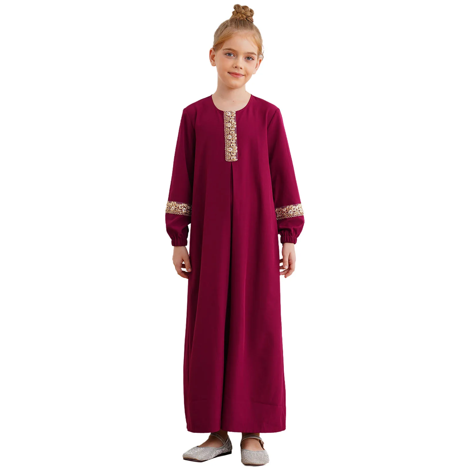 

Muslim Prayer Kids Girls Dress Hijab Abaya Long Robe Arab Dubai Children Ramadan Kaftan Round Neck Long Sleeve Maxi Dresses Gown