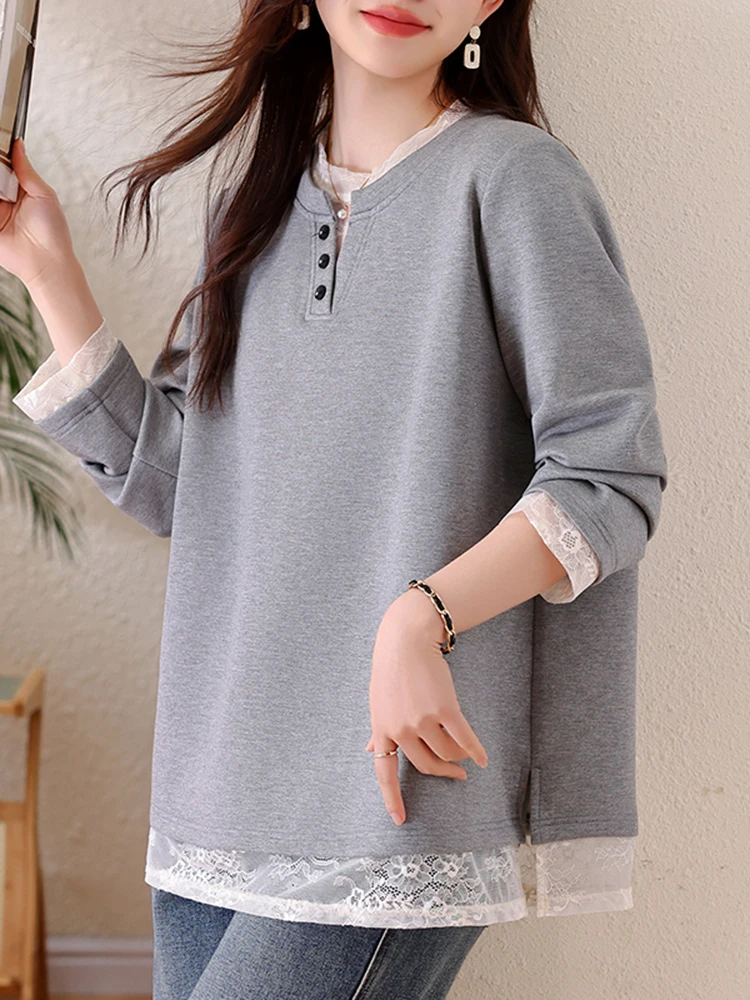 Camiseta Feminina Casual de Primavera 2026 com Efeito Emagrecedor, Renda, Manga Longa, Caimento Solto e Versátil