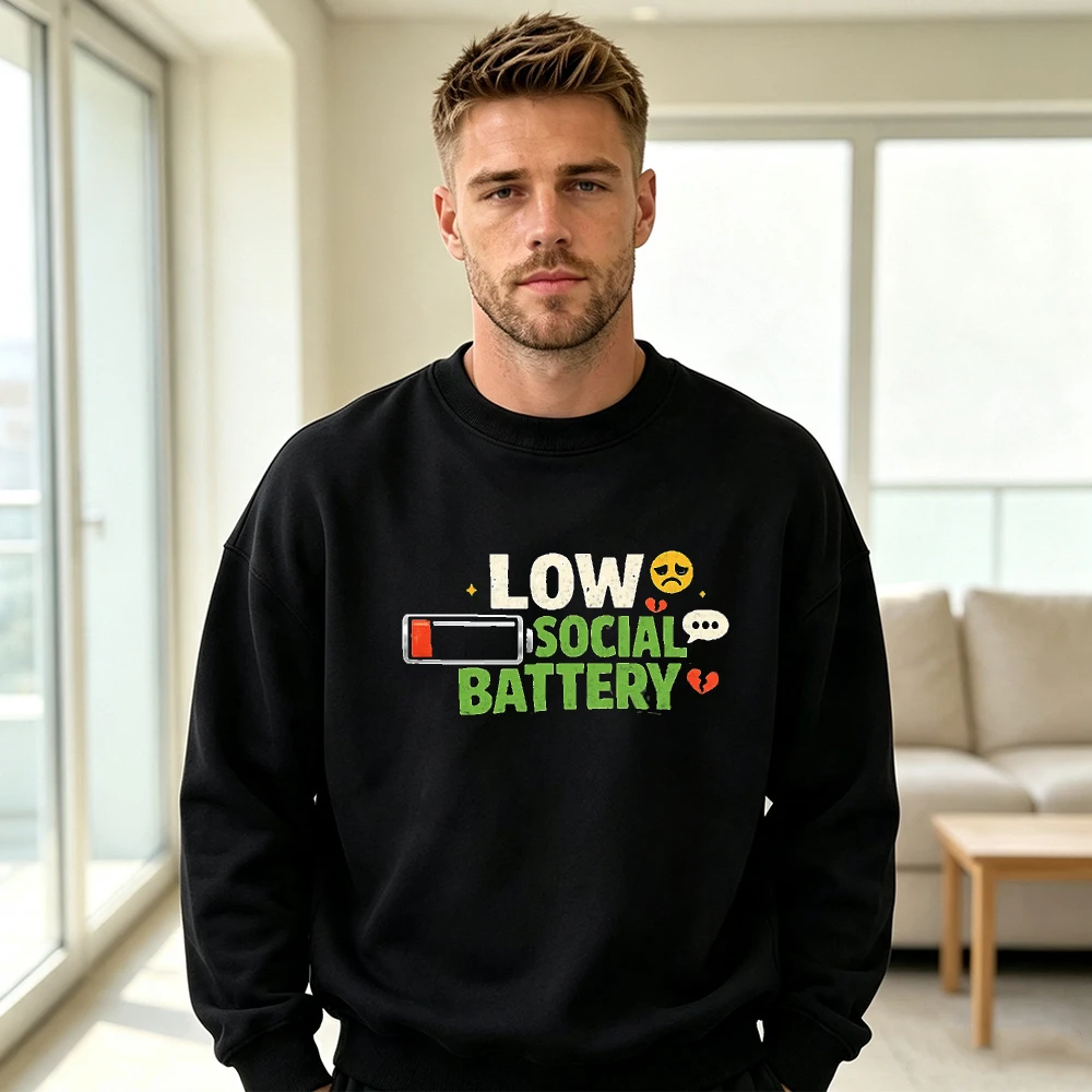 Low Social Battery Meme Men Introvert Graphic Sweatshirt Emoji Battery Jumper Alone Time Wear Winter Pullover