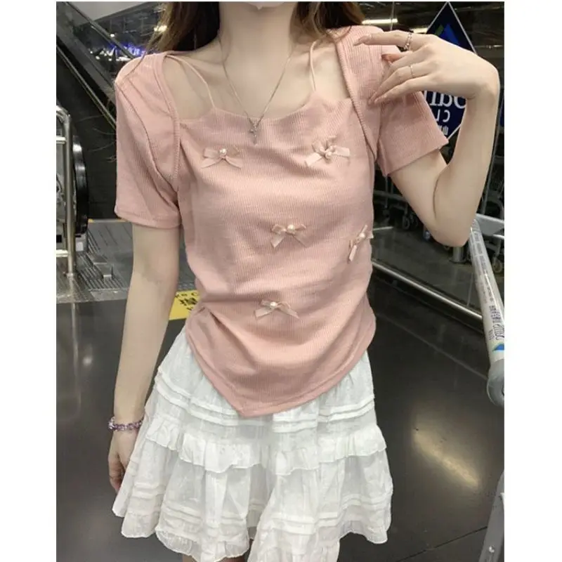 Women Summer Fashion Slim Sexy Diamonds Solid Color Appear Thin Skew Collar Short Sleeve T-Shirt Women Clothes Casual Sweet Tops