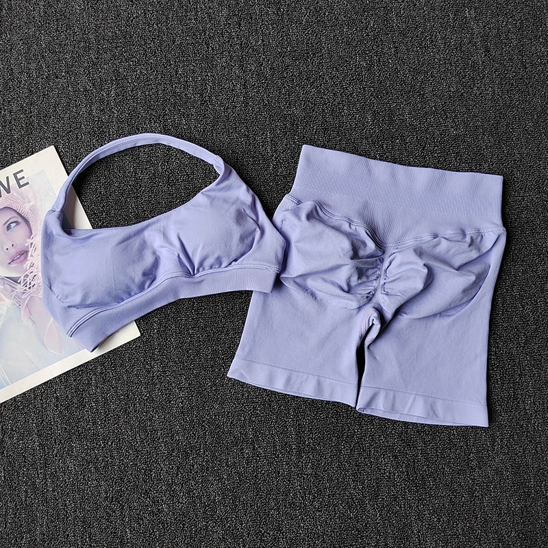 2-teiliges Set: Pfirsichfarbener High-Waist-Bauch- und Hüftstraffender Sport-BH mit Shorts, stoßfester Neckholder-Yoga-Anzug, Lauf- und Fitness-Set – Detail 13