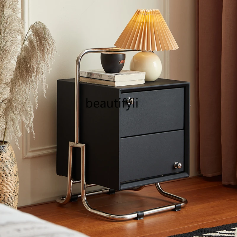 Italian simple leather bedside table antique all solid wood bedside table bedroom removable creative stainless steel edge few