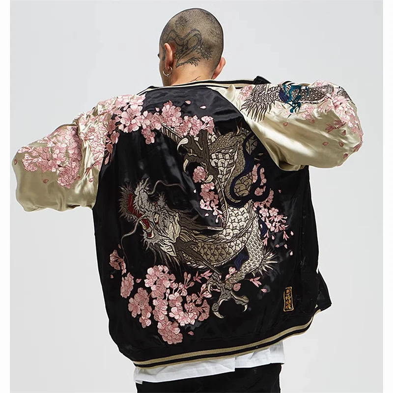 Reversible Double-sided Sukajan Souvenir Jacket Coats High Street Streetwear Yokosuka Sakura Cherry Blossoms Dragon Embroidery