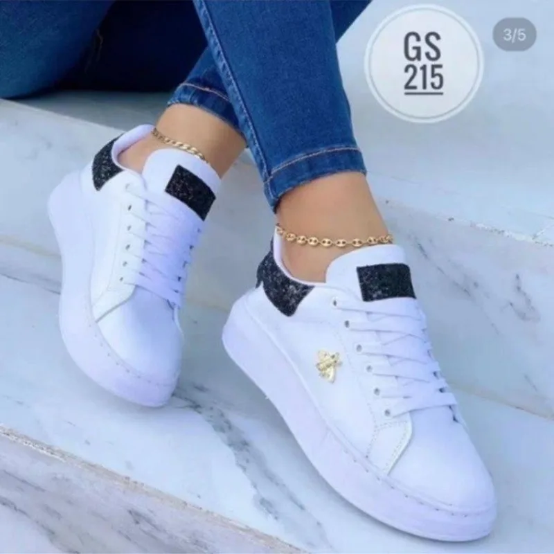 Women Casual Shoes Fashion Butterfly Decor Leather Lace-Up Round Head Sneakers Platform Ladies Vulcanized Shoes Female Footwear