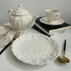 French Relief Craft Ceramic Plate Vintage Rose Embossing Dessert Plates Afternoon Tea Teapot Mugs Tableware Home Decoration