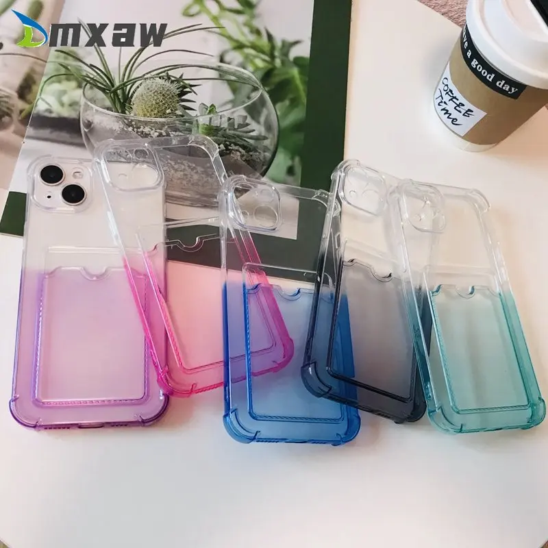 Transparent Gradient Card Slot Bag Case for Xiaomi Redmi 10 10C 9 9A 9T 8 Note 11 10 9 8 Pro 11S 10S 9S Clear Shockproof Cover