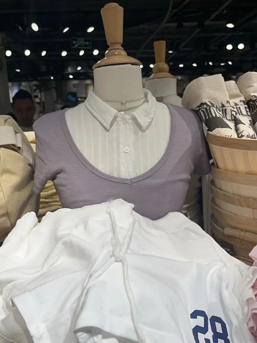 

Фиолетовая базовая хлопковая футболка с коротким рукавом, женские летние новые однотонные тонкие футболки с v-образным вырезом, женские винтажные простые милые футболки, топы Y2k