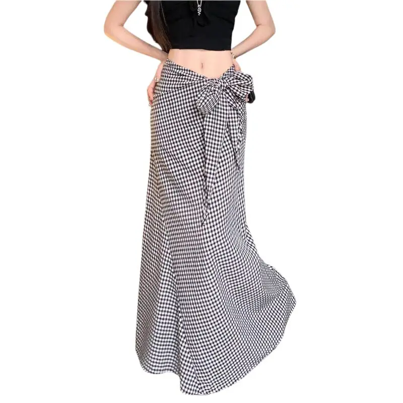 Mode Sexy Front Bowtie Rokken Voor Vrouwen Hoge Taille Rok Elegante A-lijn Geruite Rok Vrouwen Lange Zomer Saia Feminina