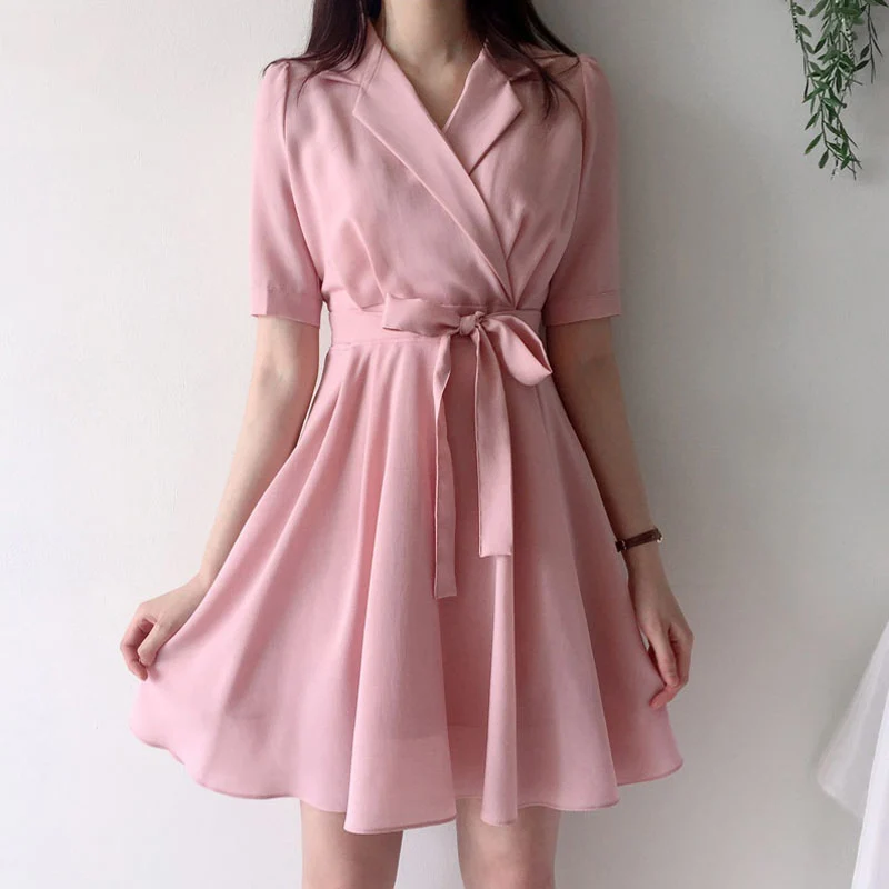 A Line Dresses Summer Women Korean Japan Preppy Style Clothes Bow Tie V Neck Pink Red Party Floral Print Vintage Dress 5010