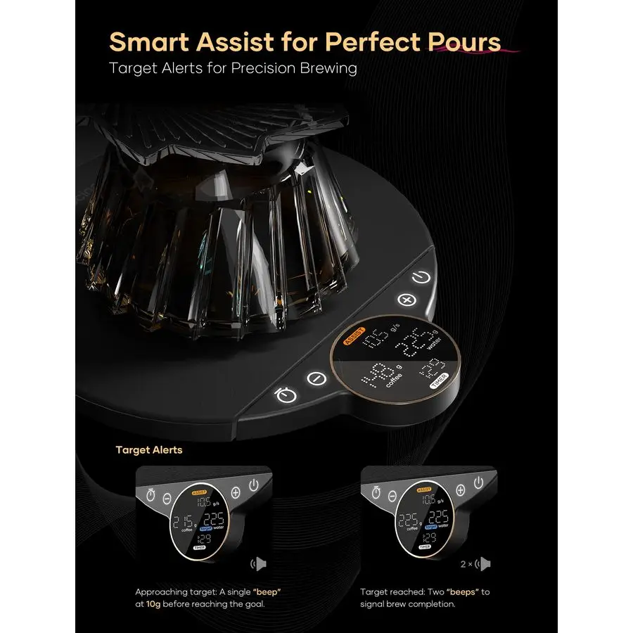 ميزان القهوة الرقمي المتوازن، التحكم الدقيق مع ثلاثة أوضاع مساعدة التخمير، الوزن، المنافسة، ميزان المطبخ الرقمي fo