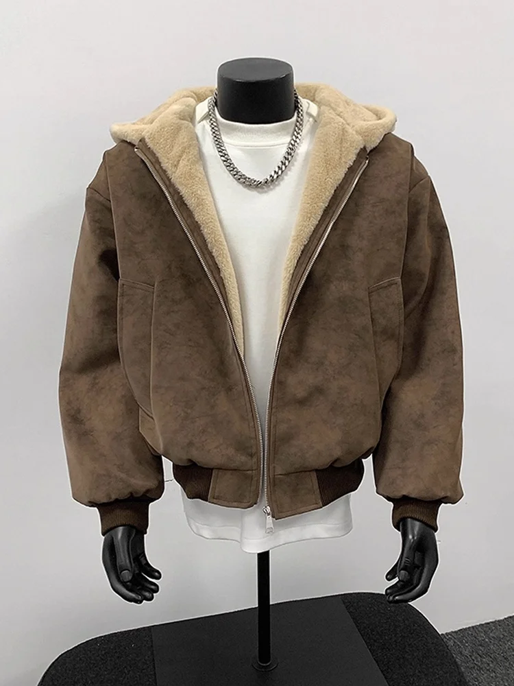 

Thiened Fce Winter Jaet Men's Brown Hooded Cotton Coat Warmth Outerwear ort Sle Zipper Closure Color Design