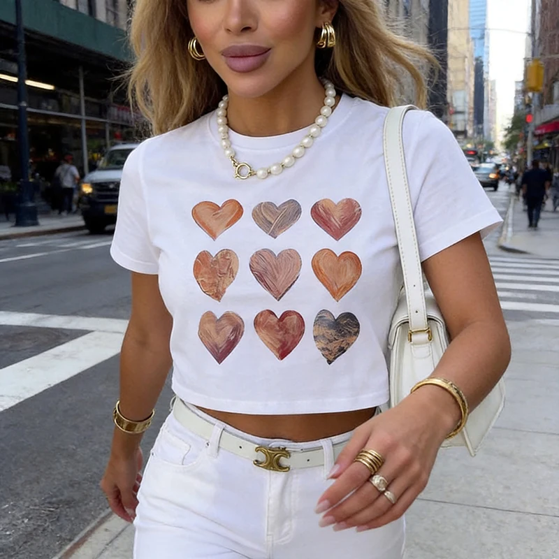 Women's Nine Heart Print Crop Tops Graphic Sexy Cropped T Shirt 90s Summer Crew Neck Short Sleeve T-shirt Clothes Girls Ladies