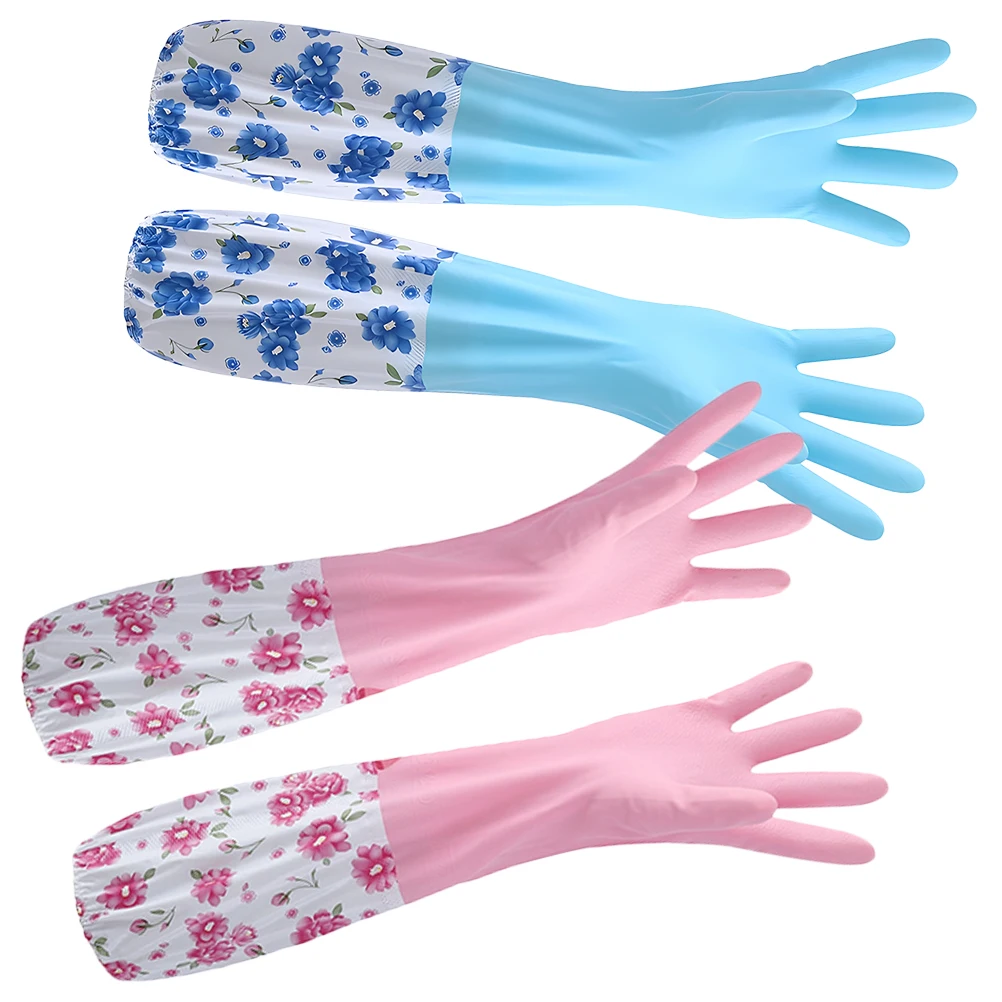 

2 Pairs Fleece Warm Gloves Latex Rubber Dishwash Large H Dishes Blue Pink Reusable Cleaning Long Sleeve Waterproof