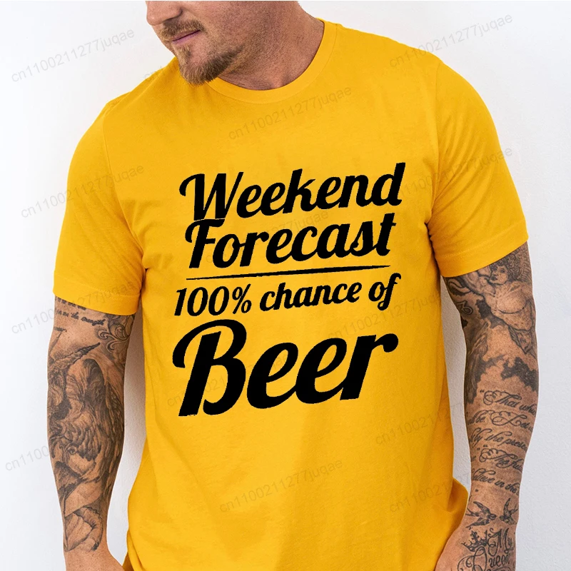 Weekend Forecast 100% Chance of Beer T Shirt Men Funny Beer Lover Graphic Tee Casual Streetwear Humorous Drinking Party Tee Tops