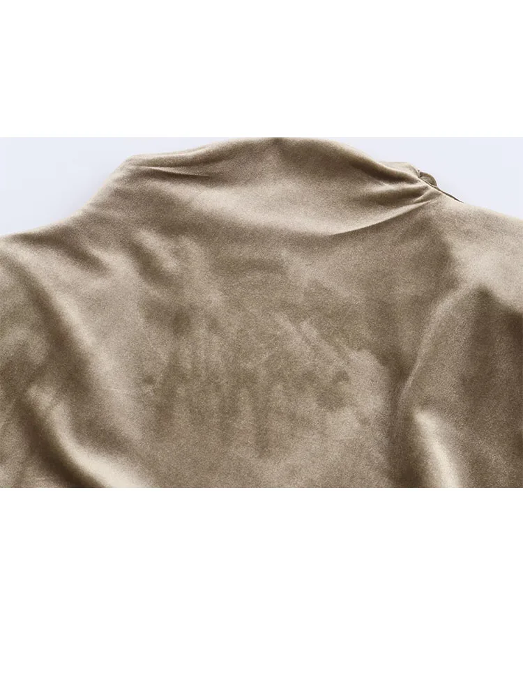 

HH Woman Spring Long Sleeves Zipper Elegant Sexy Backless Pleated Decoration Shoulder Pads Round Neck Velvet Long Dress