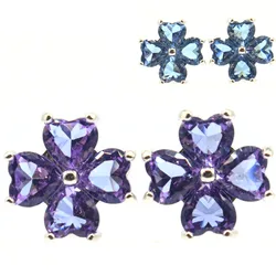 15x15mm Lovely Cute Pink Tourmaline Color Changing Zultanite Alexandrite Topaz London Blue Topaz White CZ Women Silver Earrings