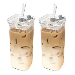 2PCS Square Heat Resistant Coffee Glass Cup With Lid and Straw Transparent Milk Tea Juice Cups Coffee Mug For Home Bar Drinkware